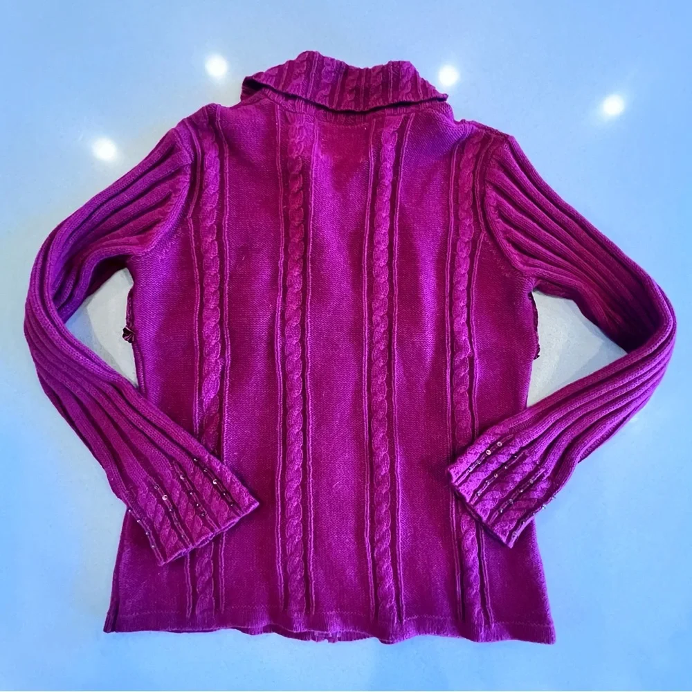 Vintage Storybook Knits Burgundy Sweater Sequin Deer Ribbon Zip up Sz Small - Picture 11 of 13